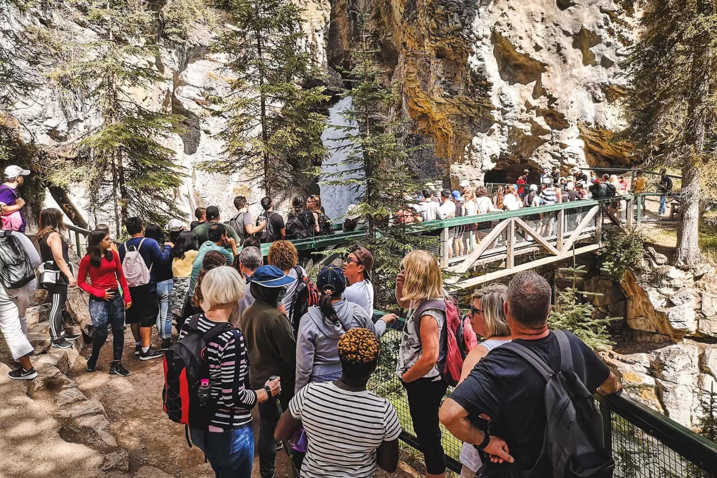 Crowds gathered at a popular Johnson Canyon viewpoint in Banff National Park during peak summer season.