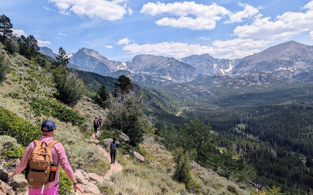 Hikers walking at a steady pace on a mountain trail in Banff National Park.