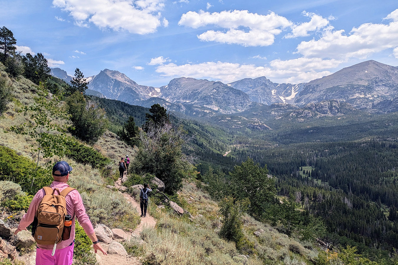 Hikers walking at a steady pace on a mountain trail in Banff National Park.