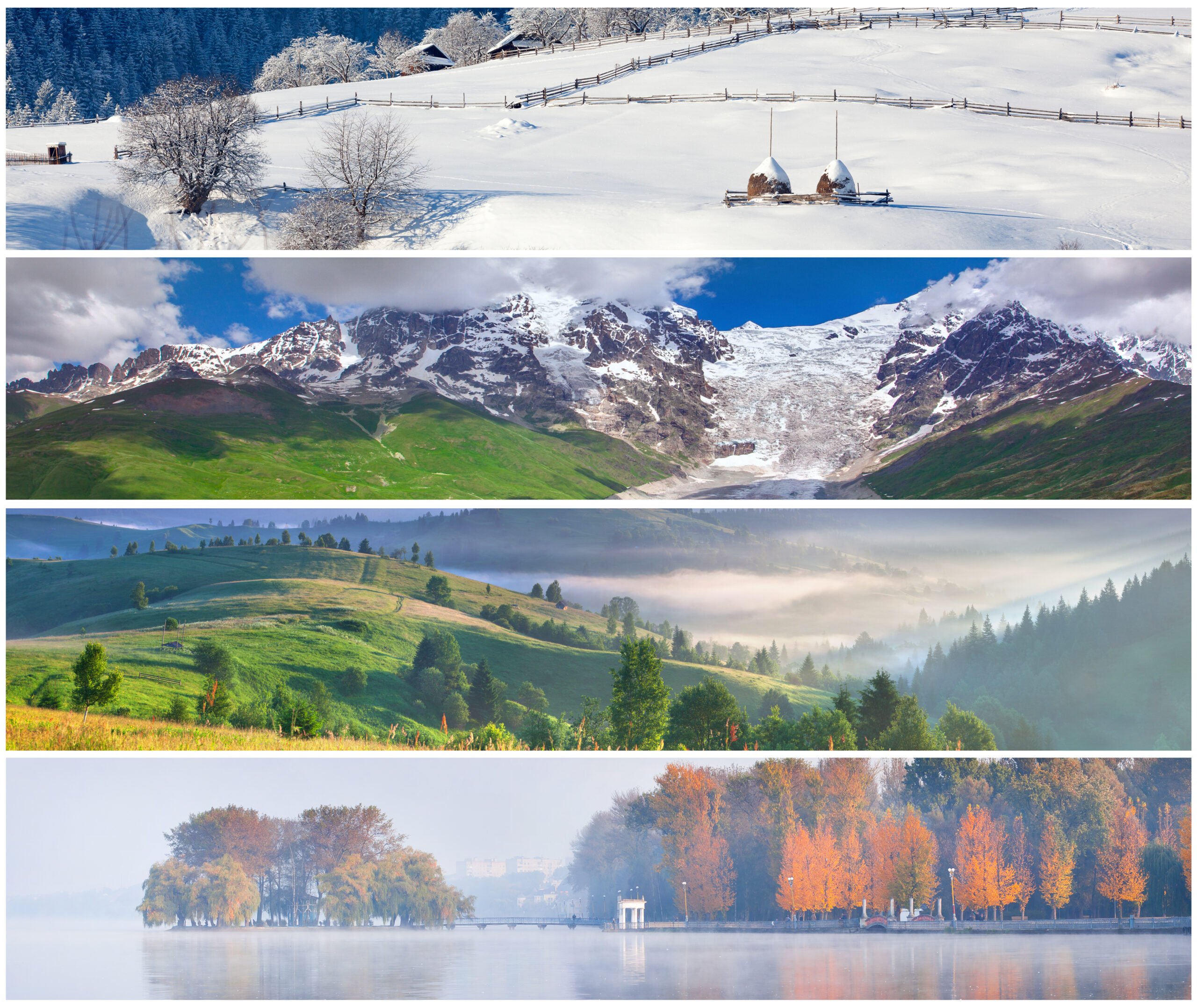 “Four-season view of the Canadian Rockies showing spring, summer, fall, and winter landscape changes.”