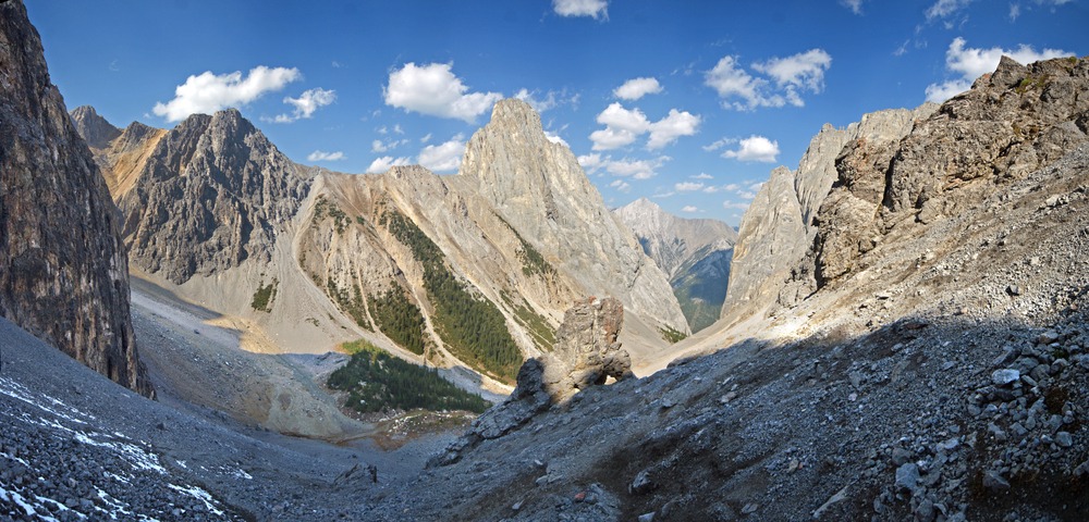 Hiking along the Cory Pass trail in Banff National Park with views across the Bow Valley