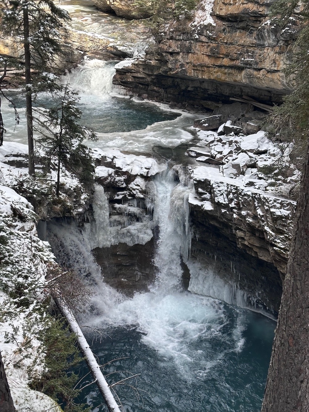 Johnsons canyon in the winter with frozen waterfalls