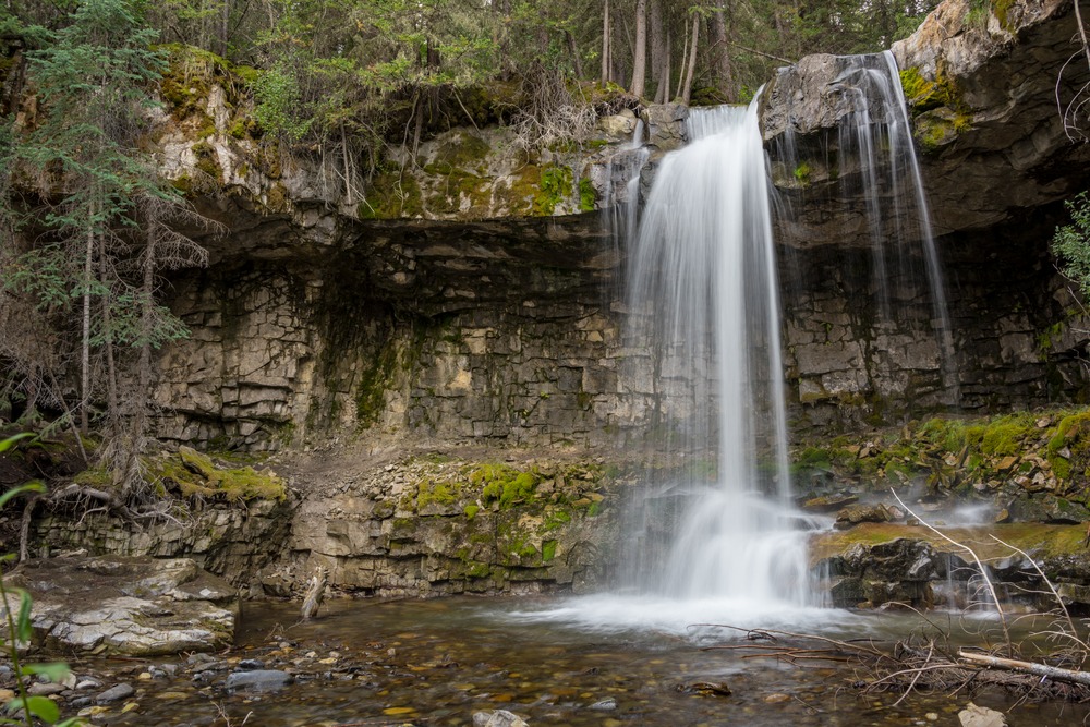 Troll Falls trail in Kananaskis with forest and waterfall scenery